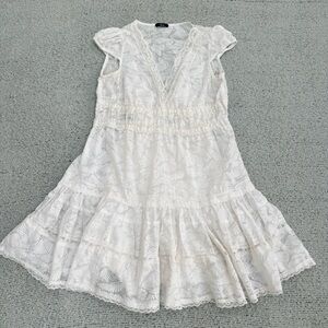 Sele White Lace Mini Dress Women’s Size M Tiered Flutter Sleeve Lined Boho